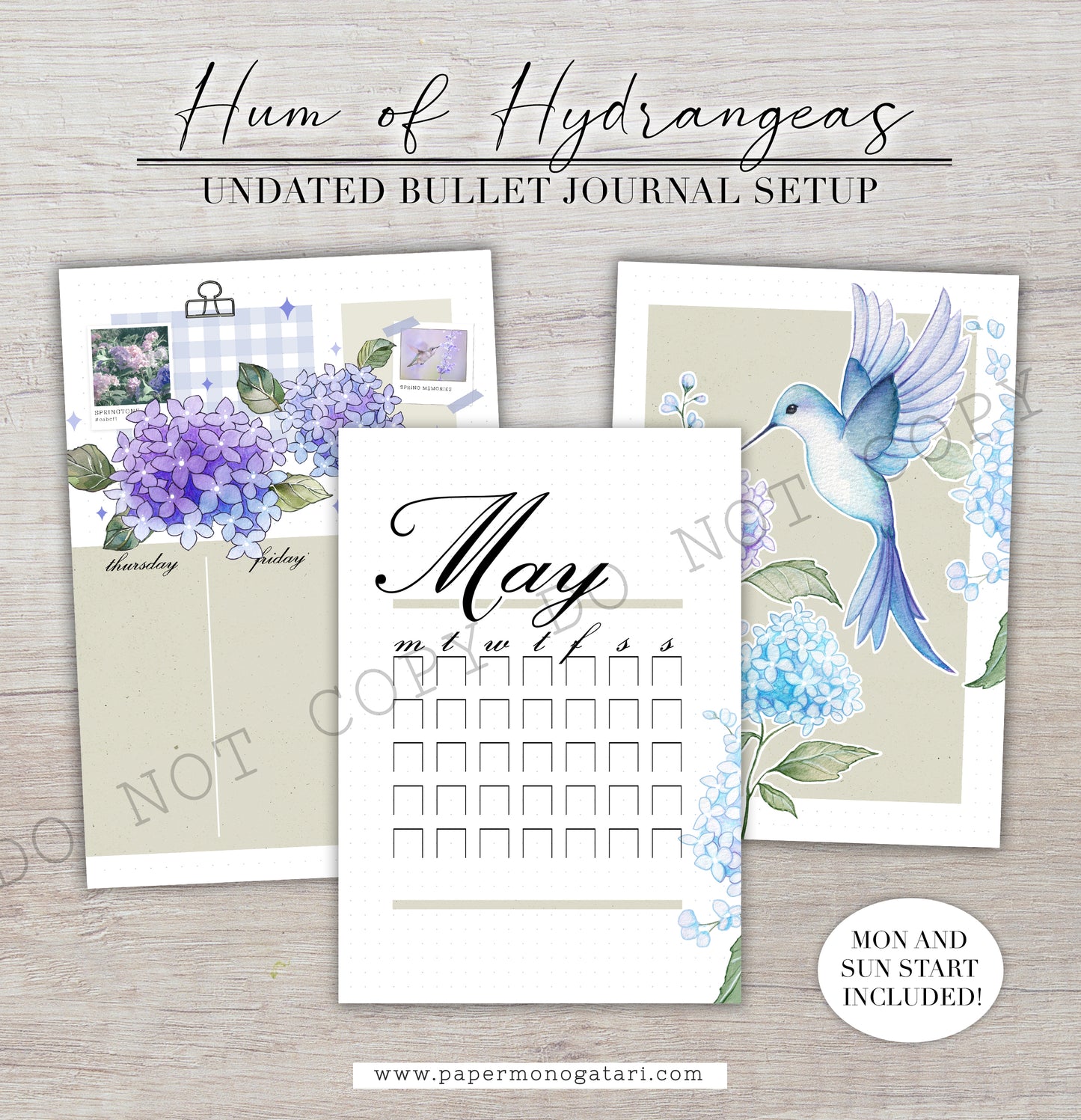 Hum of Hydrangeas | Digital Bullet Journal Theme (Undated: May, Jun + Blank)