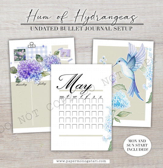 Hum of Hydrangeas | Undated Digital Bullet Journal Theme [May, Jun + Blank]