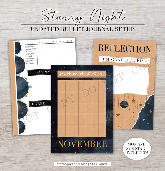 Starry Night | Digital Bullet Journal Theme (Undated: Nov, Dec + Blank)