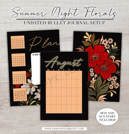 Summer Night Florals | Undated Digital Bullet Journal Theme [Aug, Sep + Blank]