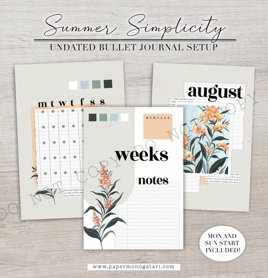 Summer Simplicity | Digital Bullet Journal Theme (Undated: Aug, Sep + Blank)