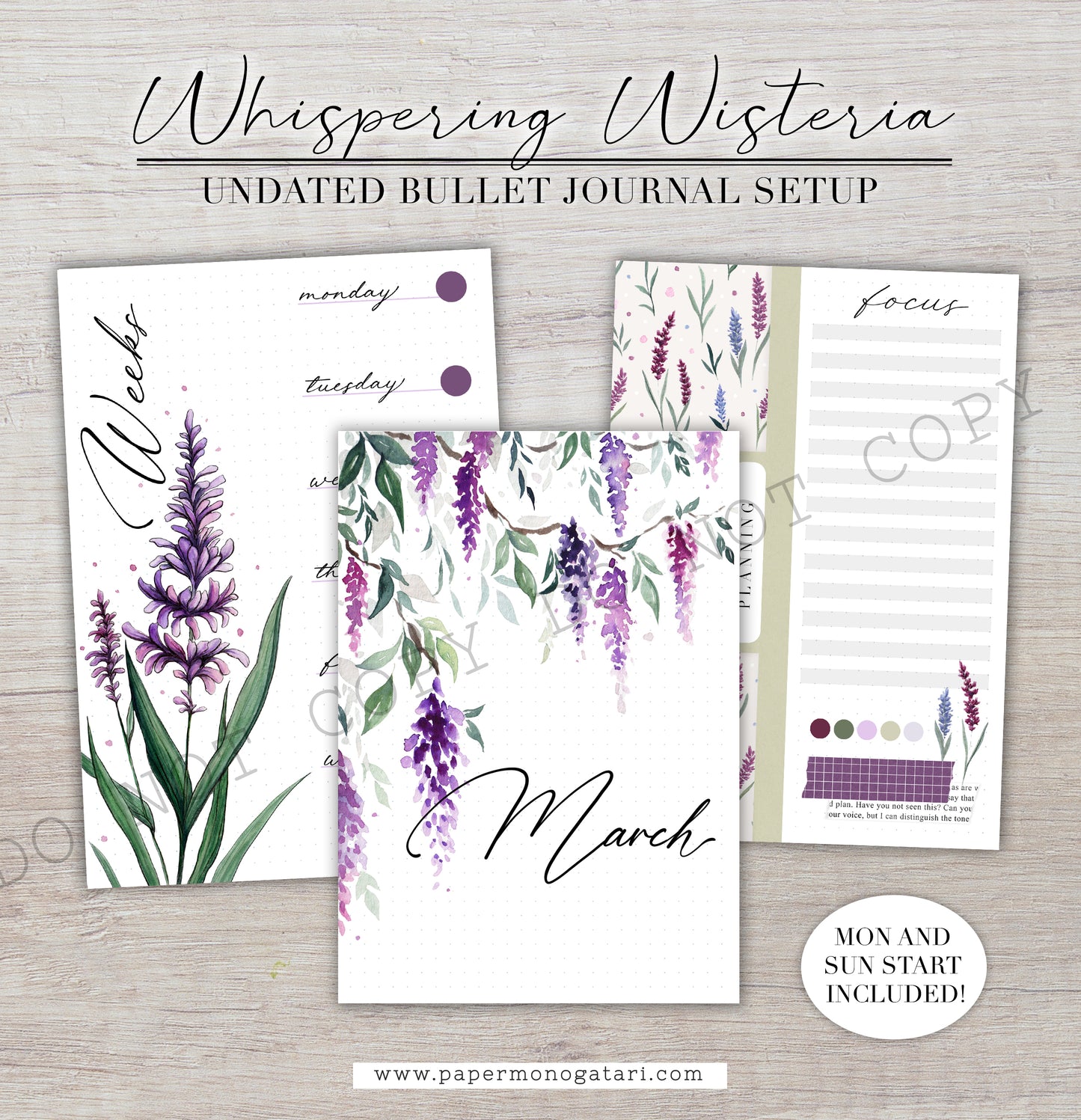 Whispering Wisteria | Digital Bullet Journal Theme (Undated: Mar, Apr + Blank)