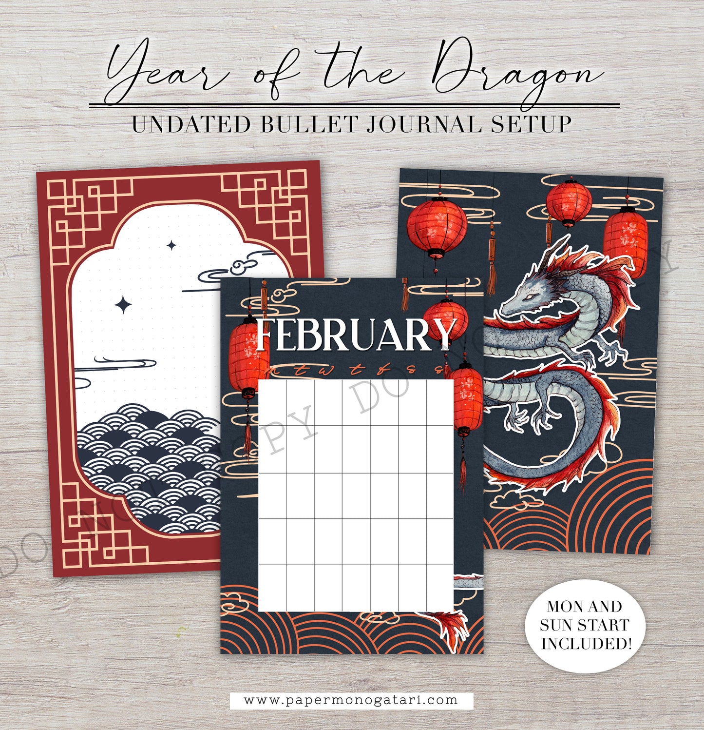 Year Of The Dragon | Digital Bullet Journal Theme (Undated: Feb, Mar + Blank)