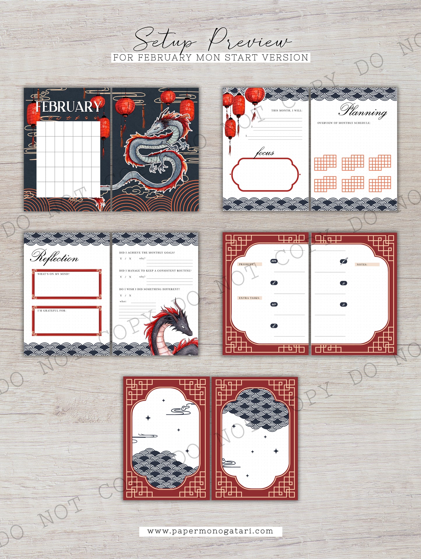 Year Of The Dragon | Digital Bullet Journal Theme (Undated: Feb, Mar + Blank)